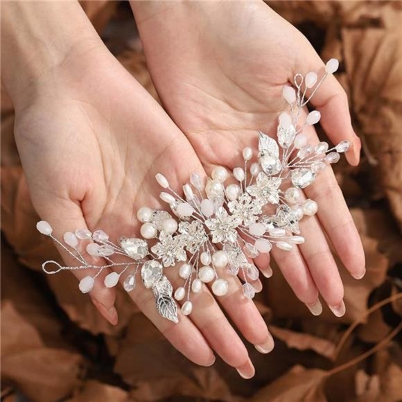 Gorais Flower Bride Hair Vine Silver Pearl Bridal Hair Piece Crystal Rhinestone